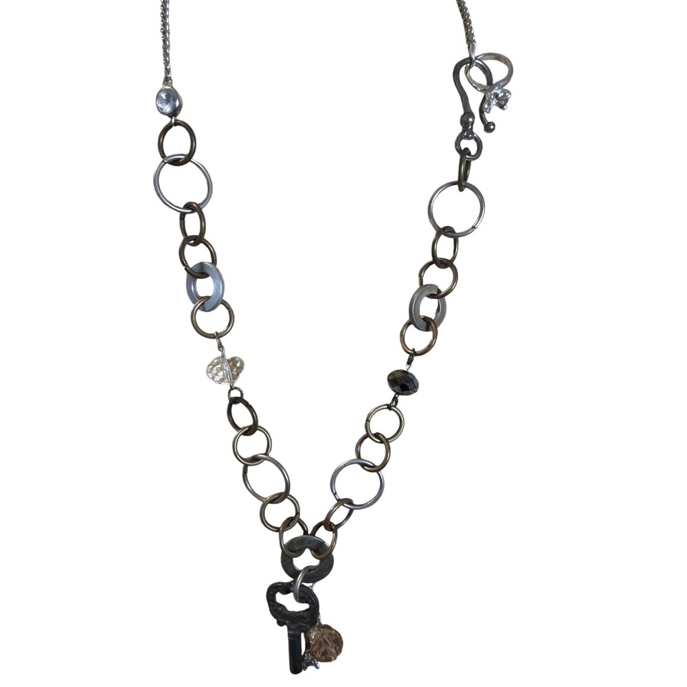 Mixed Metal Eiffel Tower  Skeleton Key Charm Long Link‎ Necklace Silver Gold